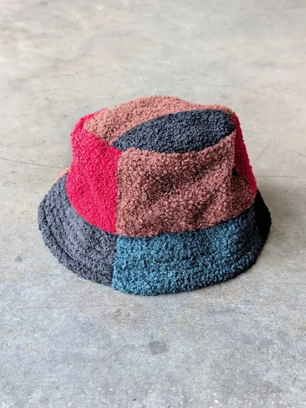 Urban Outfitters Sherpa Patchwork Bucket Hat Green Red Brown Black one size